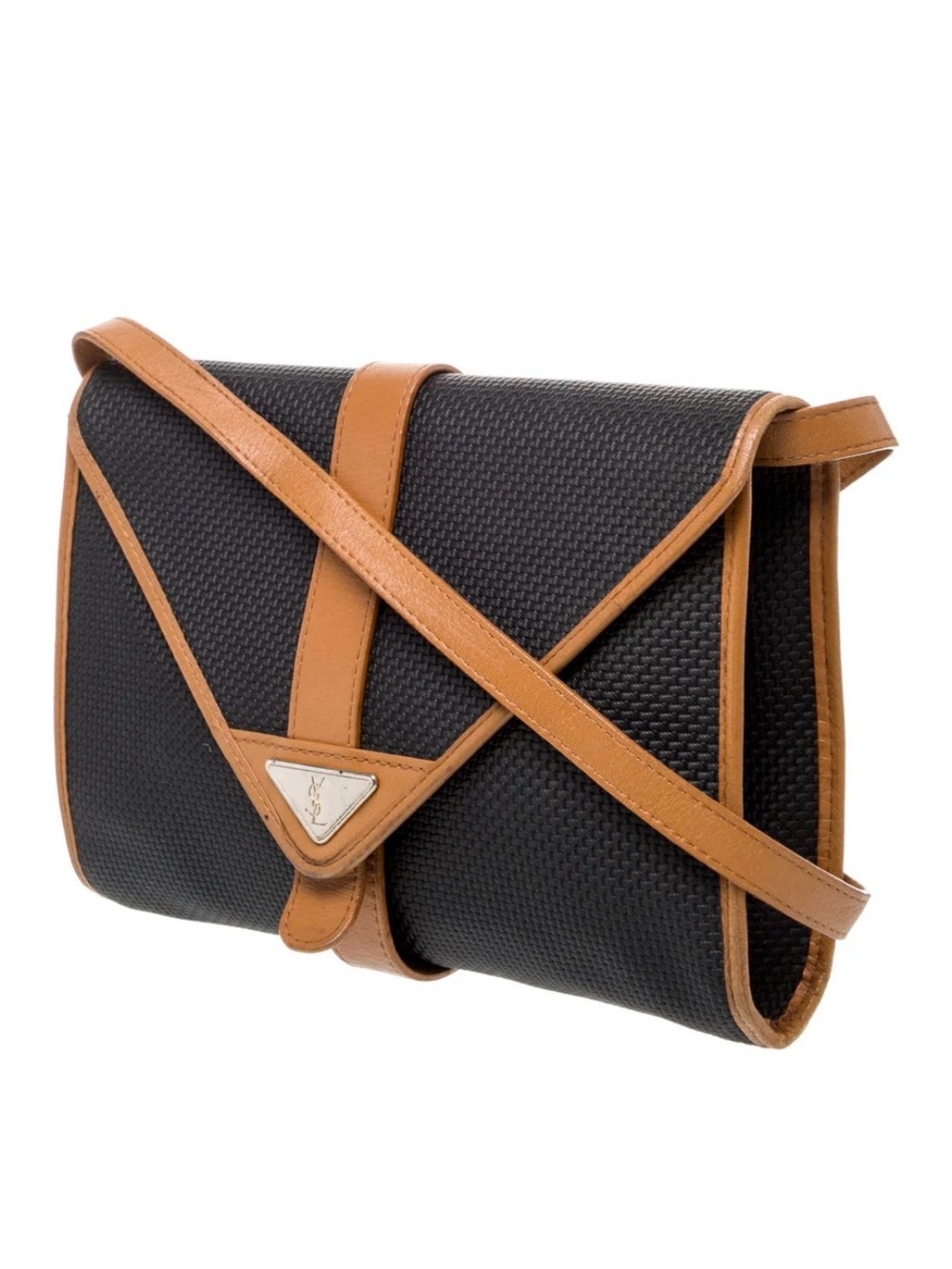 Yves Saint Laurent Black Woven Clutch with Tan Leather Accents